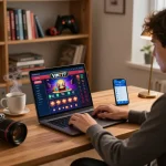 Engaging online gaming experience at home on VIN777 with cozy setup and coffee cup.