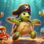 Nổ hũ game scene with pirate turtle, hermit crab, and parrotfish amidst treasure and colorful gaming elements