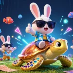 Kèo bóng đá scene illustrating a happy rabbit betting on sports while riding a golden turtle, filled with vibrant game elements.