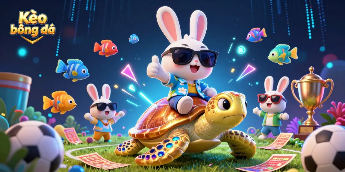 Kèo bóng đá scene illustrating a happy rabbit betting on sports while riding a golden turtle, filled with vibrant game elements.