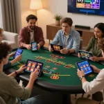 Players enjoy exciting online games with sun win strategies at home, showcasing vibrant tablet screens and social interaction