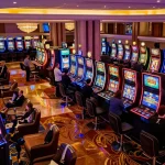 Engaged players enjoying Sunwin slot machines in a vibrant casino atmosphere