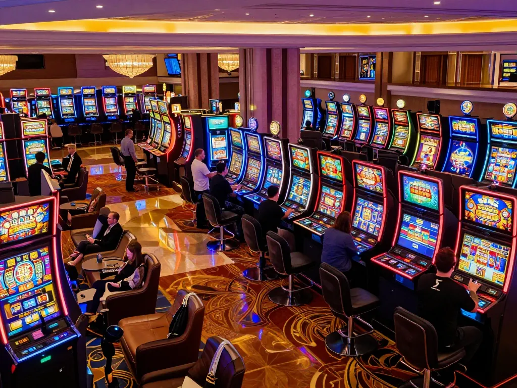 Engaged players enjoying Sunwin slot machines in a vibrant casino atmosphere