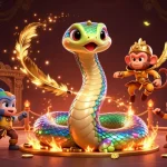 Bet on big wins at nhà cái lv88 with an enchanting scene featuring a vibrant rainbow serpent and a monkey king.
