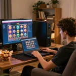 Player enjoying SC88 online casino game on a cozy home setup, capturing immersive gaming action.