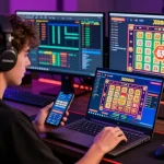 XOSO66 online betting scene showing a man engaging with colorful gaming graphics in a modern setup.