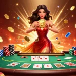 Experience Fun88 excitement with a beautiful woman holding a golden coin, surrounded by vibrant poker action.