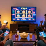 Diverse friends enjoying virtual gaming together on XN88 in a cozy living room.