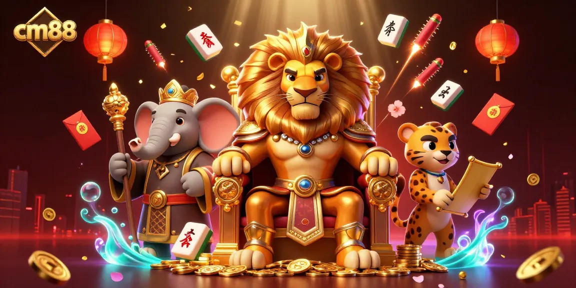 cm88 players engaging with vibrant casino visuals including a lion king and treasure in action