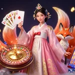 Experience live betting action with SV388, featuring a captivating scene of a woman in Korean hanbok, lucky fox, and casino elements.