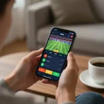 FLY88 user placing bets on a mobile app while enjoying a cozy home environment.