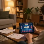 Player enjoying ALO8 online casino on tablet amidst a cozy home environment