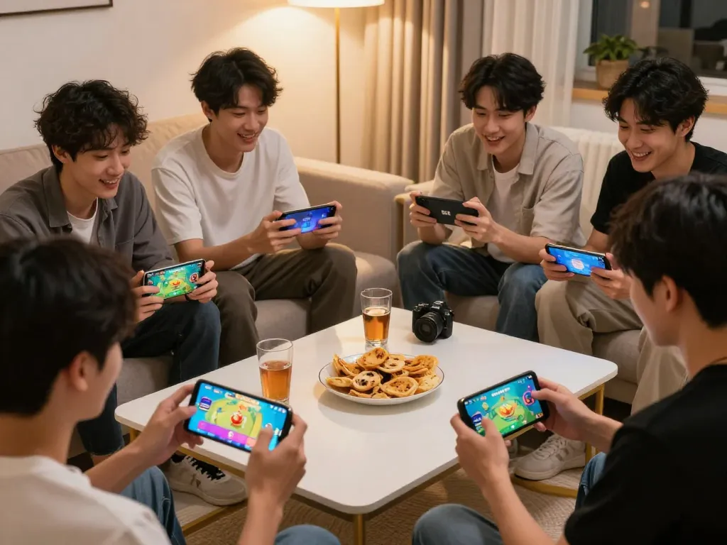 Players enjoying 92dadu game on smartphones in a cozy living room.