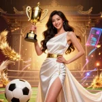 Celebrate victory with FABET in this vibrant sports betting illustration featuring a confident woman with a trophy.