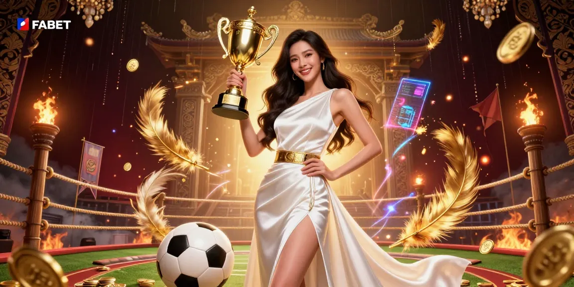 Celebrate victory with FABET in this vibrant sports betting illustration featuring a confident woman with a trophy.