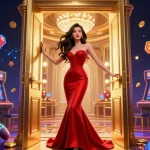 Experience high-stakes moments at xoilactv99 with a stunning Asian woman in a casino doorway.
