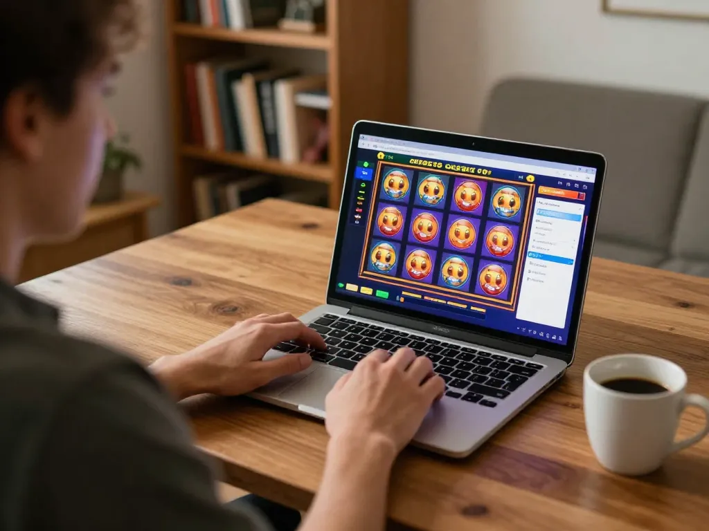 Pemain yang terlibat memutar gulungan slot okebet99 di laptop dalam pengaturan rumah yang nyaman