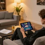 Sky88 user engaging with online casino on tablet during a cozy home gaming session.