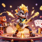 Engage with ok8386's casino action featuring a rock star wolf and drummer bear amidst flying coins.