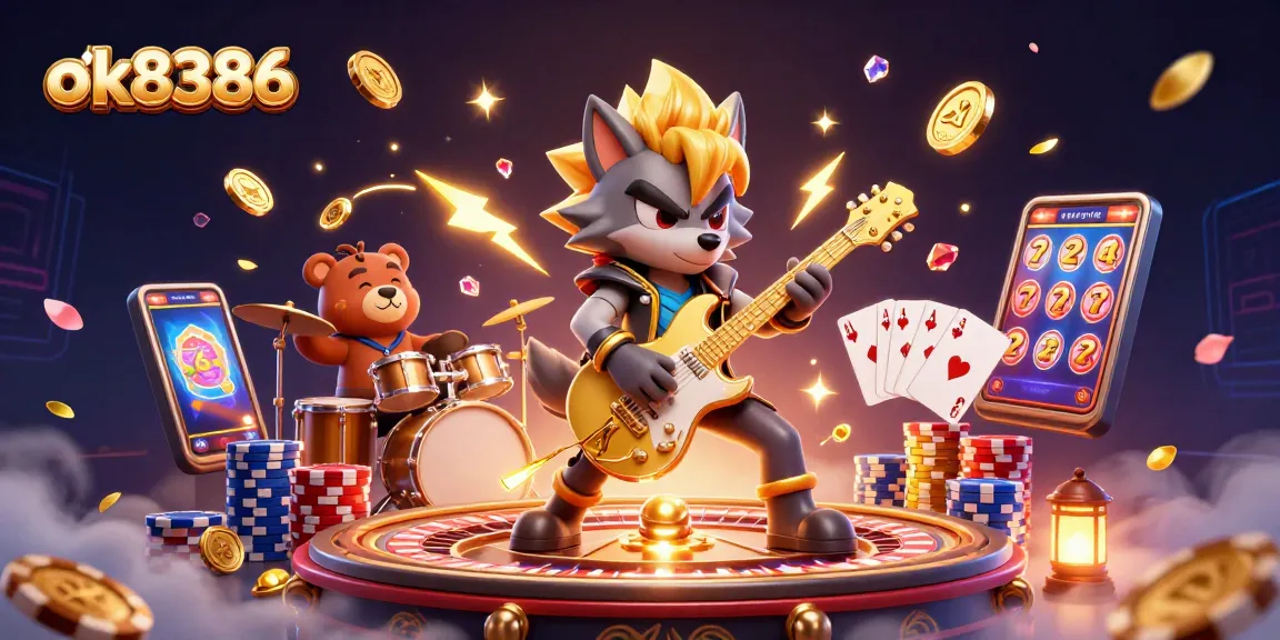 Engage with ok8386's casino action featuring a rock star wolf and drummer bear amidst flying coins.