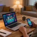 Engaged player enjoying DEBET online casino on a laptop, showcasing vibrant gameplay.