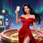 Engaging scene showcasing GO8 casino excitement with a confident Asian woman, roulette wheel, and vibrant game elements.