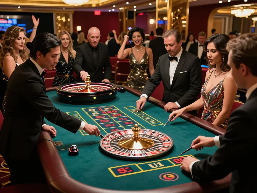 Watch players placing bets at the exciting five88 roulette table in a vibrant casino.