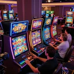 Nổ hũ machines lighting up the casino floor as players engage with vibrant slots.