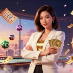 Engage with thrilling games at ww88, featuring an elegant woman strategizing with cards amidst a dynamic casino scene.