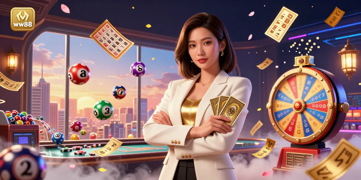 Engage with thrilling games at ww88, featuring an elegant woman strategizing with cards amidst a dynamic casino scene.