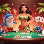 Engage with 78Win at a vibrant casino scene showcasing a glamorous beach goddess and a fun surfer shark.