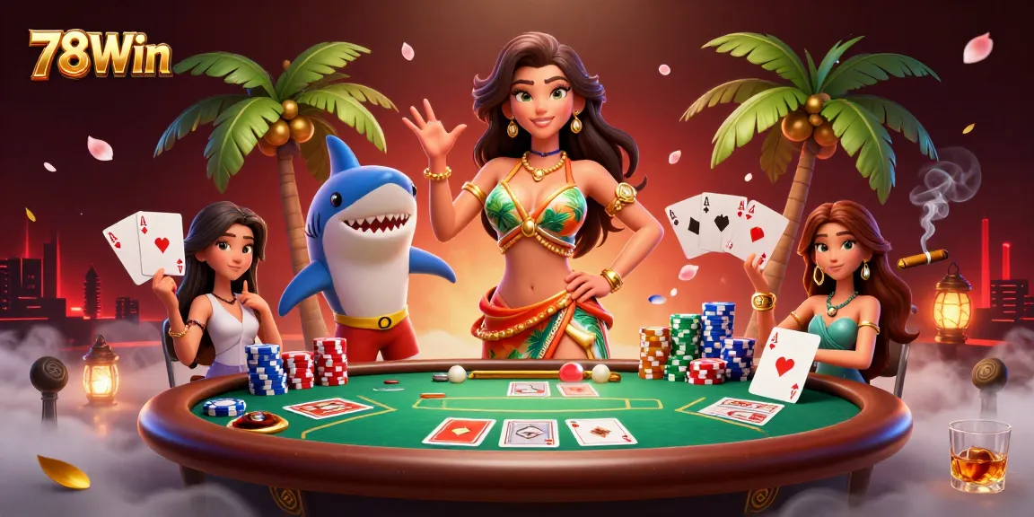 Engage with 78Win at a vibrant casino scene showcasing a glamorous beach goddess and a fun surfer shark.