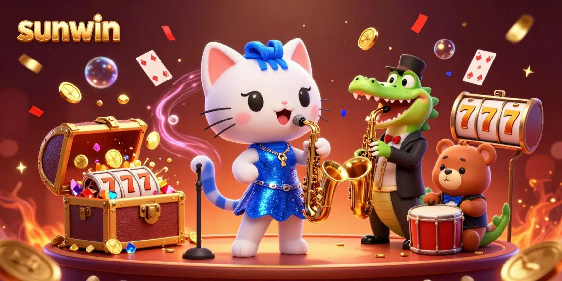 Win big at Sunwin with vibrant casino-themed illustration featuring playful characters and gold coins.