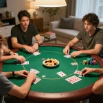 Players enjoying a lively poker game at home, highlighting vin88 social gaming experience with strategy and camaraderie.