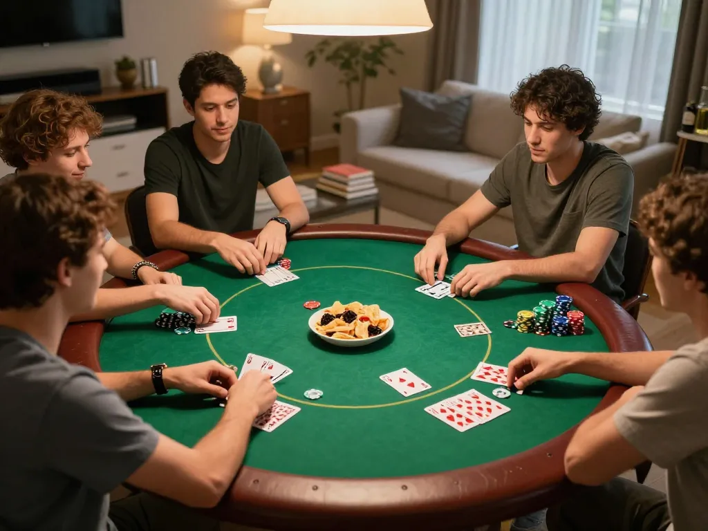 Players enjoying a lively poker game at home, highlighting vin88 social gaming experience with strategy and camaraderie.