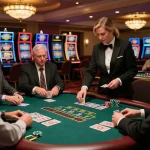 Sunwin20 blackjack players engage intensely as dealer handles cards, reflecting a thrilling casino atmosphere.