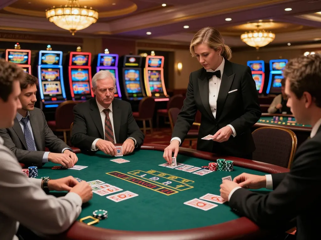 Sunwin20 blackjack players engage intensely as dealer handles cards, reflecting a thrilling casino atmosphere.