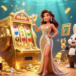 Experience the excitement of sunwin's jackpot slots with a lively casino scene featuring stunning characters and treasures.