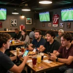 Fans engaging in sports betting apps while watching live soccer at a vibrant sports bar, enhancing their ty-le-keo experience.