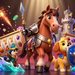 Experience thrilling action at OK9 with a knight, puppy, and falcon amid festive slot reels.