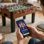 Playing slots on F168 app in a cozy home gaming setup with vibrant graphics.