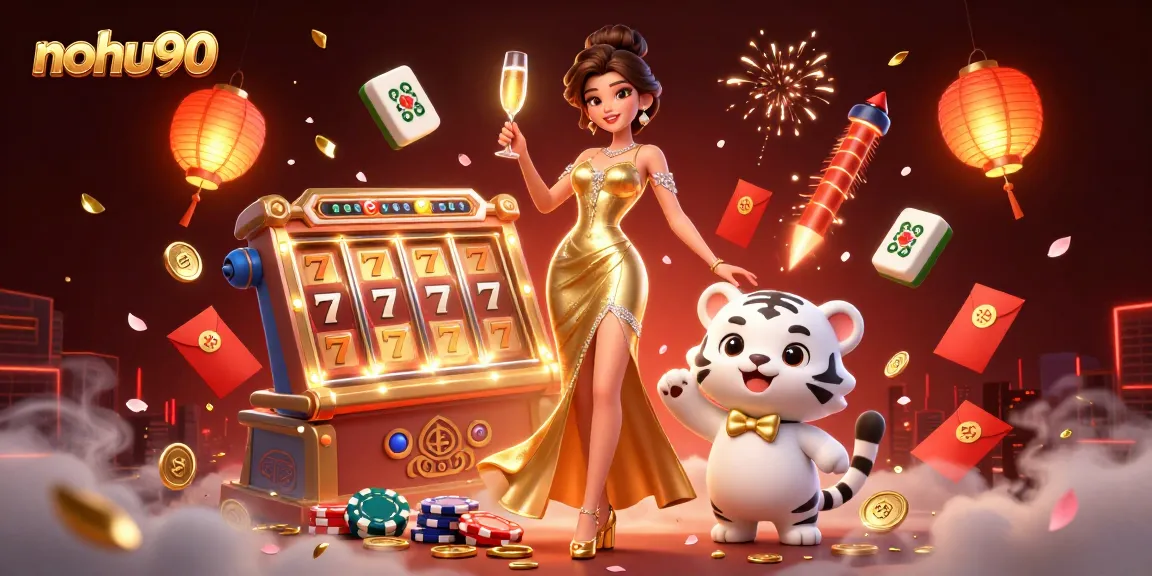 Join the excitement at nohu90 with a glamorous woman and a lucky tiger cub amid slot reels and casino elements.