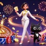 Experience thrilling gameplay with Zowin ios as a glamorous dealer shuffles cards in a vibrant casino scene.