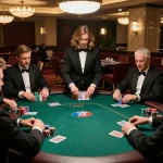 Win 678 players strategizing at a high-stakes poker table in a luxurious casino setting