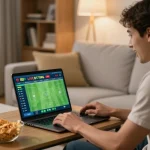 Xoilac user placing a sports bet online while watching a game in a cozy living room setup.