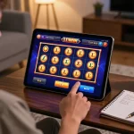 Player enjoying LLWIN online slot games on a tablet in a cozy living room, emphasizing responsible gaming.