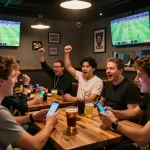 Fans placing bets on their smartphones while enjoying live football matches at a sports bar, showcasing Nowgoal.