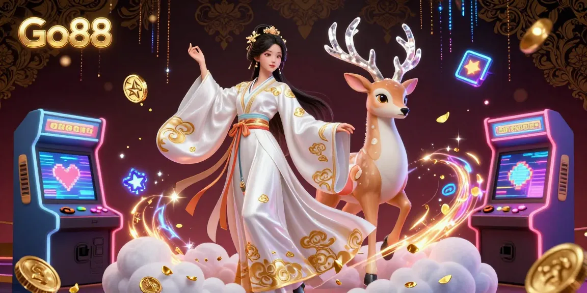 Engage in winning excitement with Go88’s vibrant casino gaming scene featuring an enchanting Asian woman and dynamic game elements.