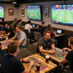 Tỷ Lệ Kèo Nhà Cái highlighted in a busy sports betting lounge with bettors evaluating their strategies, enjoying the excitement of current games
