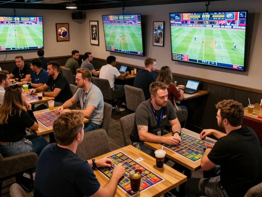 Tỷ Lệ Kèo Nhà Cái highlighted in a busy sports betting lounge with bettors evaluating their strategies, enjoying the excitement of current games